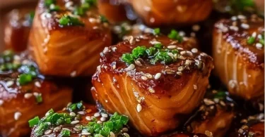 Honey butter garlic glazed salmon bites served on a plate