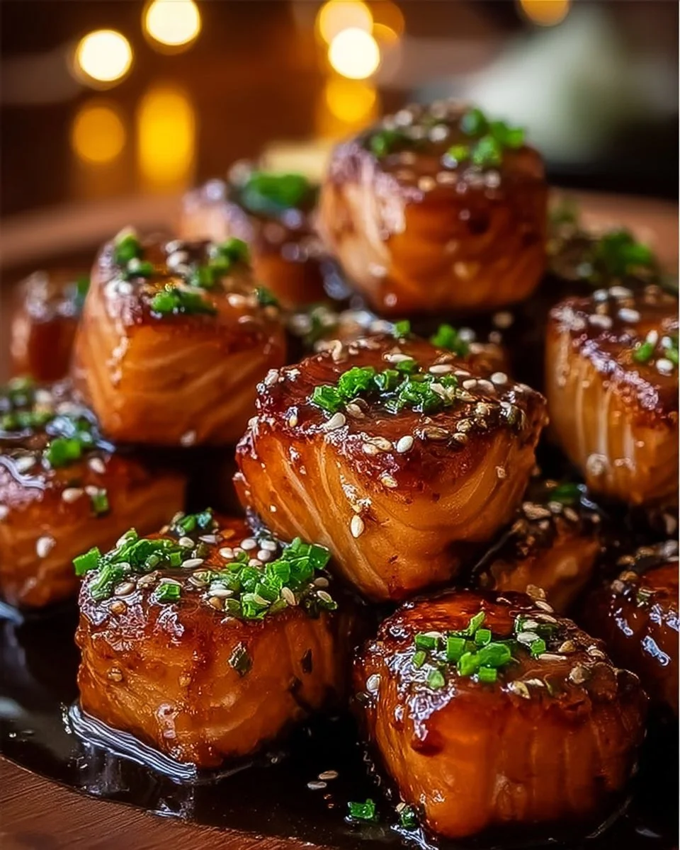 Honey butter garlic glazed salmon bites served on a plate