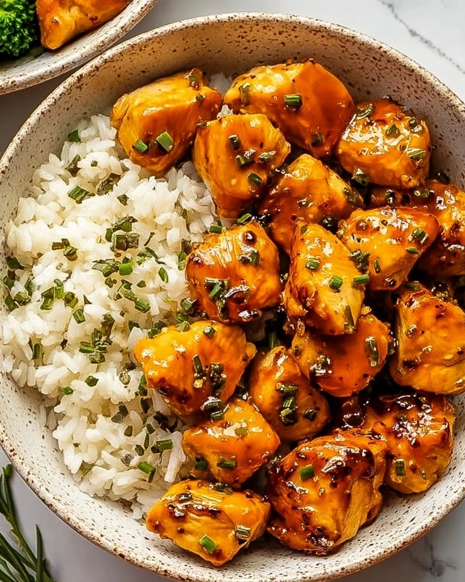 A bowl of hot honey chicken with rice and colorful vegetables