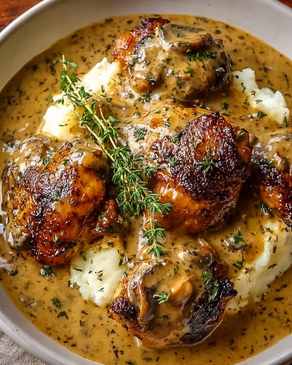 Delicious smothered chicken thighs in rich gravy served on a plate