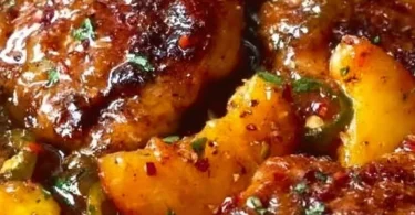 Delicious Jalapeño Peach Chicken dish garnished with herbs on a plate