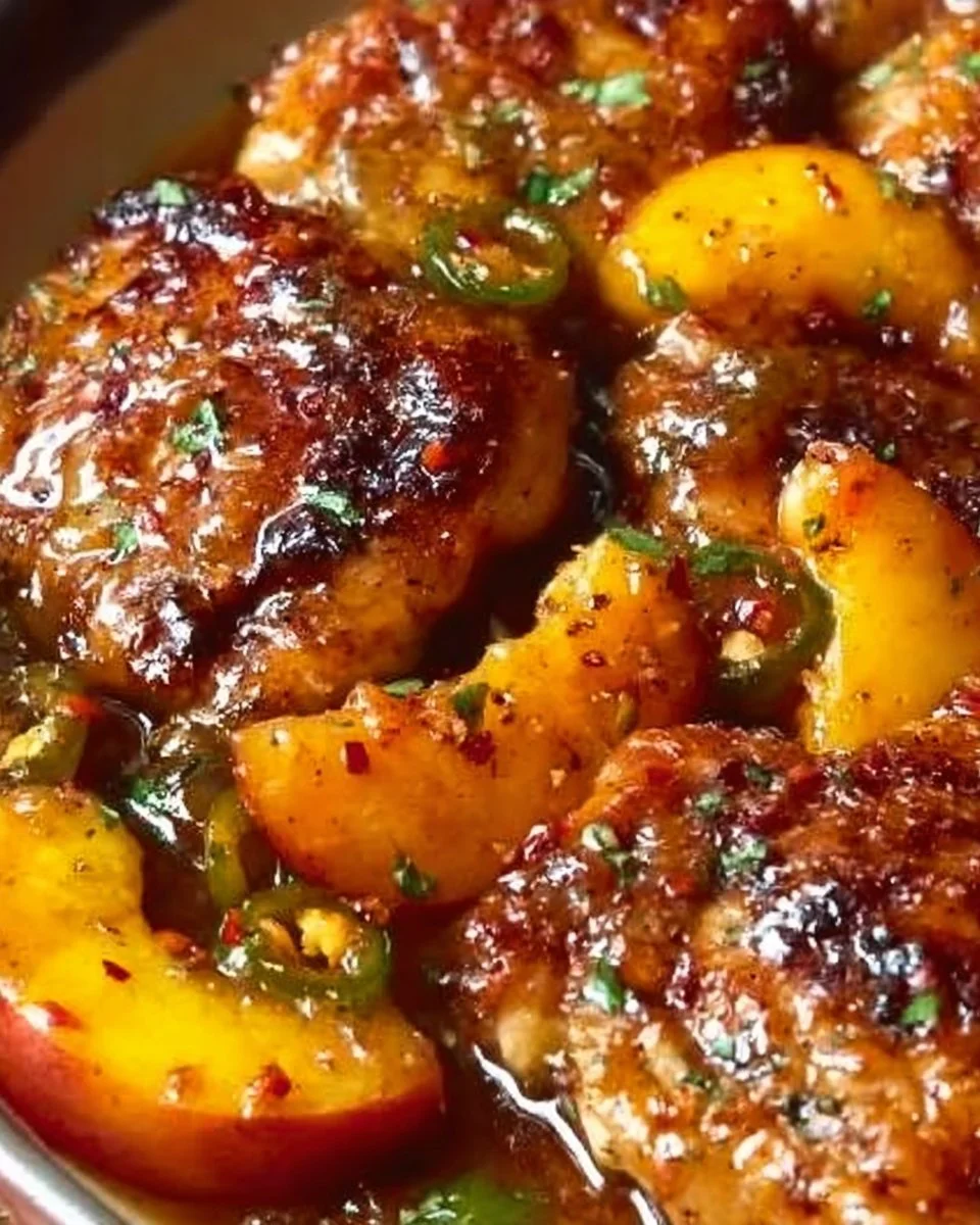 Delicious Jalapeño Peach Chicken dish garnished with herbs on a plate