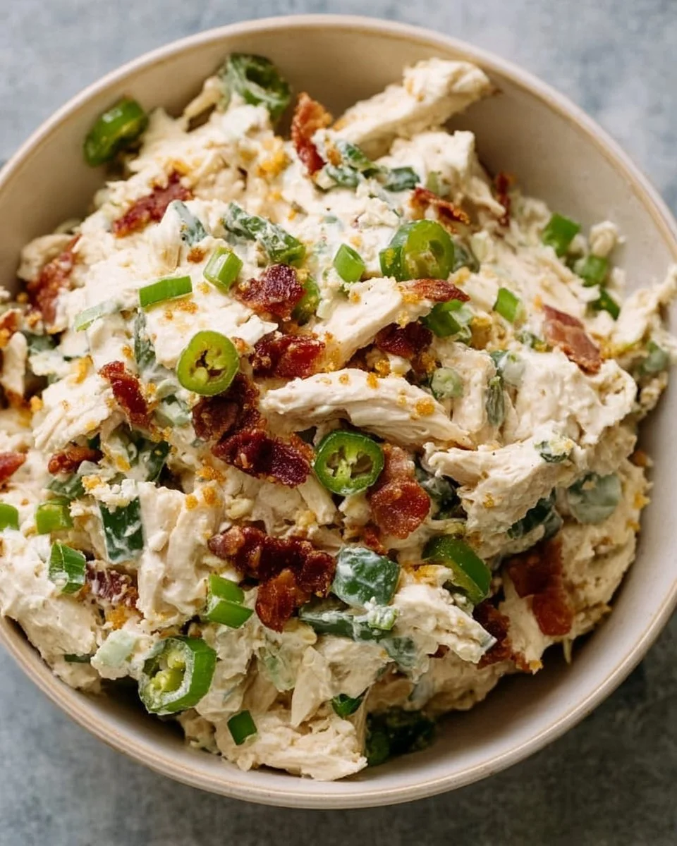 Delicious Jalapeño Popper Chicken Salad featuring creamy dressing and spices.