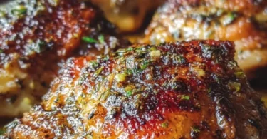 Juicy garlic herb butter chicken thighs baked to perfection on a plate