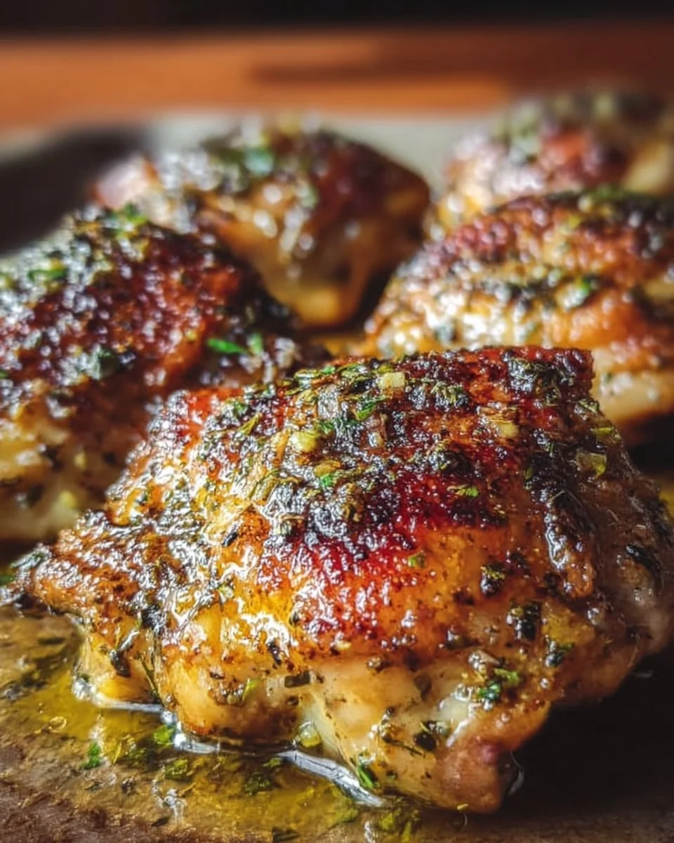 Juicy garlic herb butter chicken thighs baked to perfection on a plate
