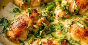 Plate of Lemon Basil Chicken garnished with fresh herbs