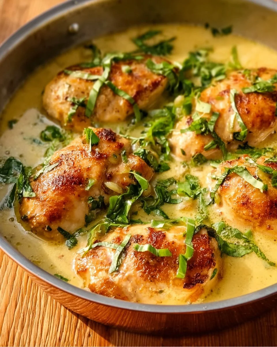 Plate of Lemon Basil Chicken garnished with fresh herbs