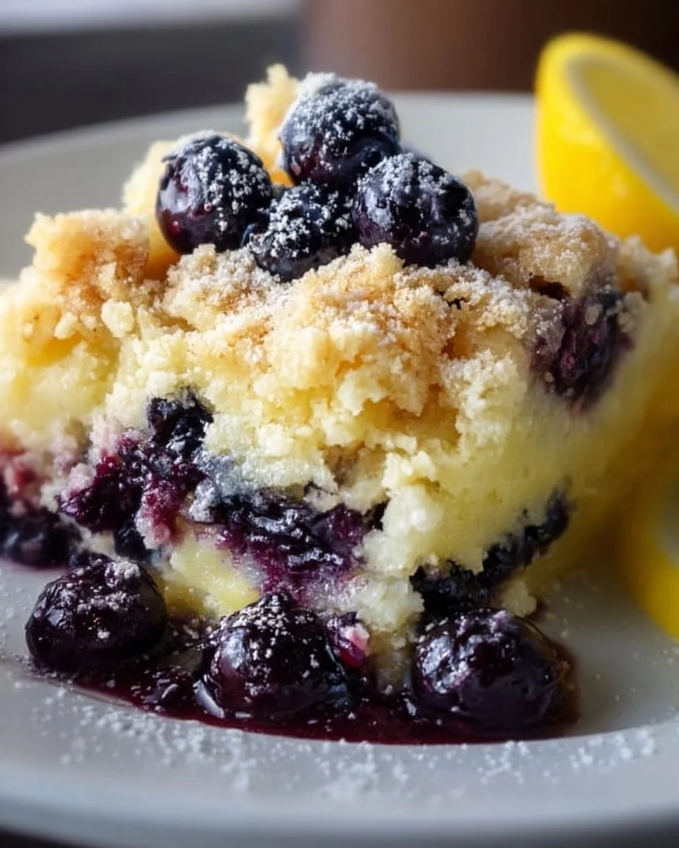Lemon Blueberry Cheesecake Dump Cake with fresh blueberries and lemon zest