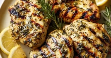 Plate of Lemon Herb Grilled Chicken garnished with fresh herbs and lemon slices
