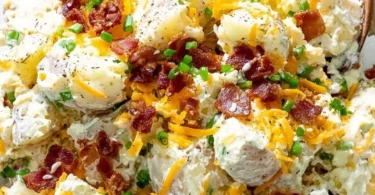 Loaded baked potato salad with toppings served in a bowl
