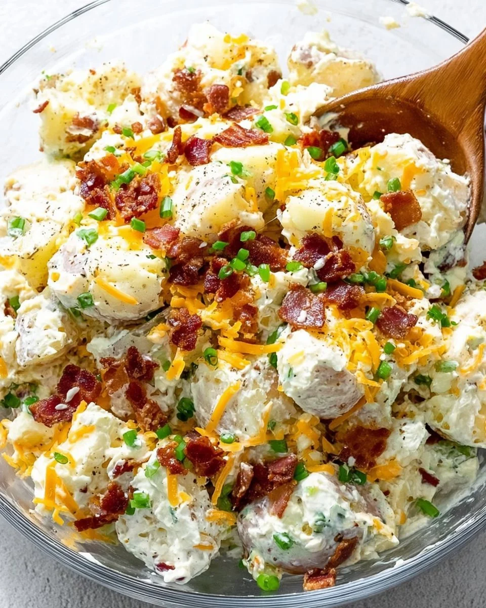 Loaded baked potato salad with toppings served in a bowl