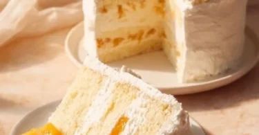 Mango Cream Chiffon Cake topped with fresh mango slices and whipped cream