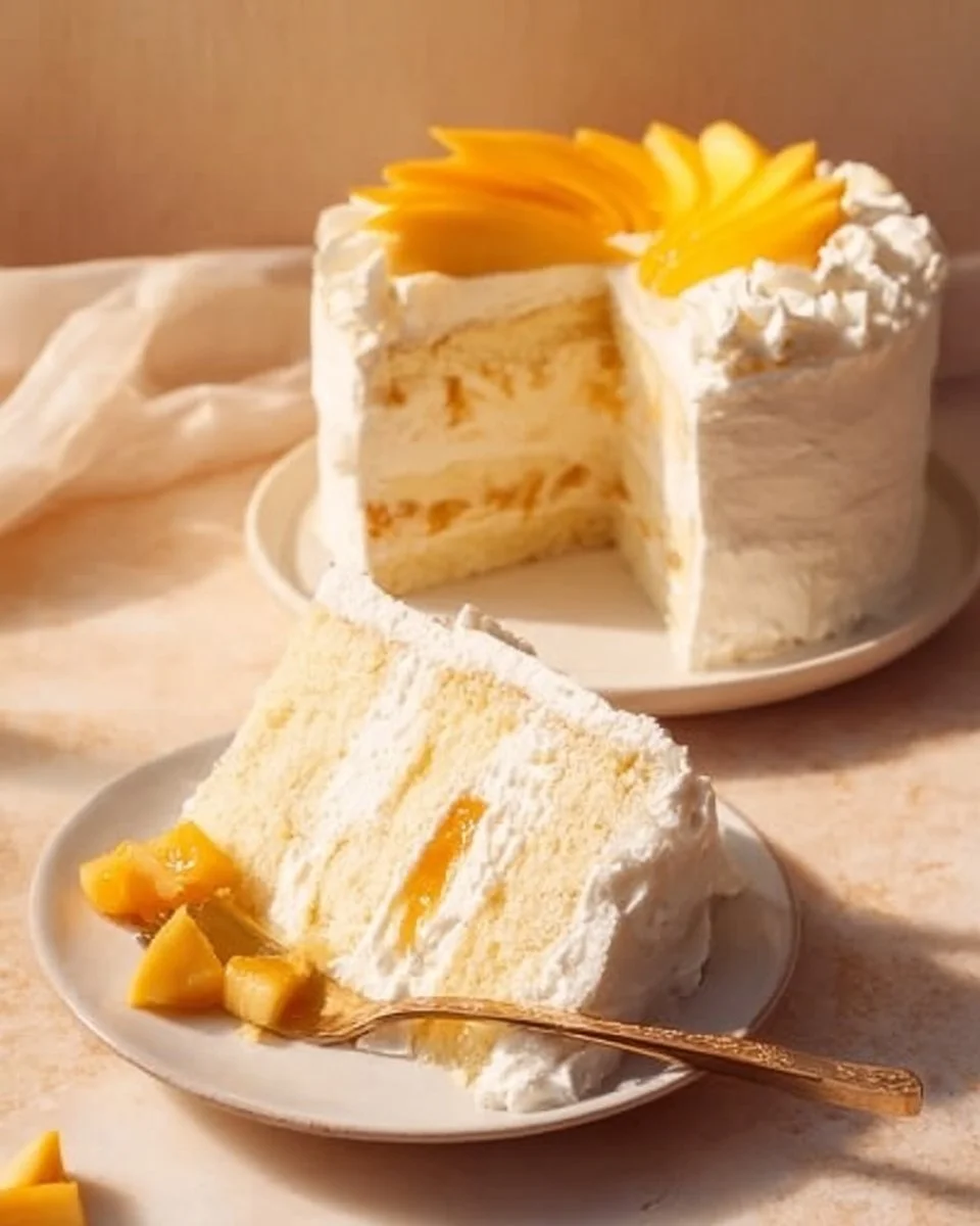 Mango Cream Chiffon Cake topped with fresh mango slices and whipped cream