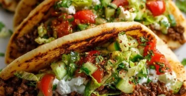 Mediterranean ground beef pita pockets filled with fresh vegetables and sauce