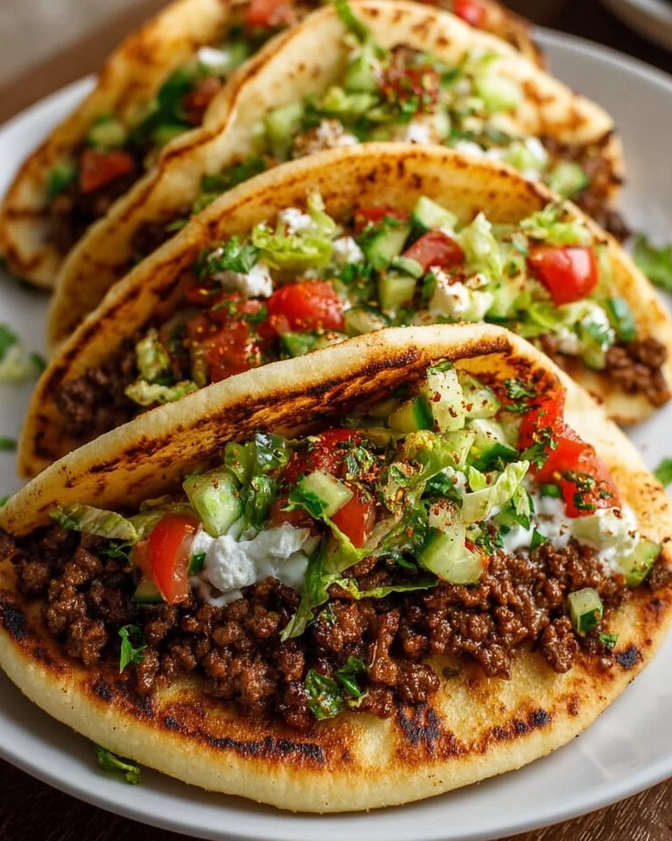 Mediterranean ground beef pita pockets filled with fresh vegetables and sauce