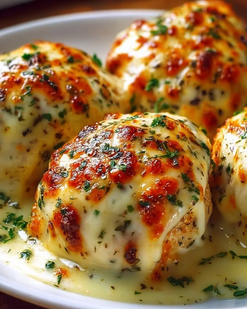 Melted Mozzarella Chicken Bombs topped with ranch dressing