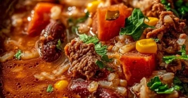 Bowl of delicious Mexican Beef and Rice Soup garnished with fresh cilantro
