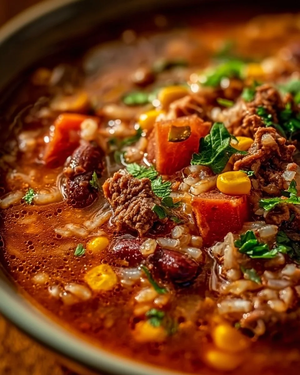 Bowl of delicious Mexican Beef and Rice Soup garnished with fresh cilantro
