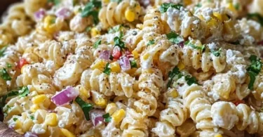 Colorful Mexican street corn pasta salad with fresh vegetables and creamy dressing