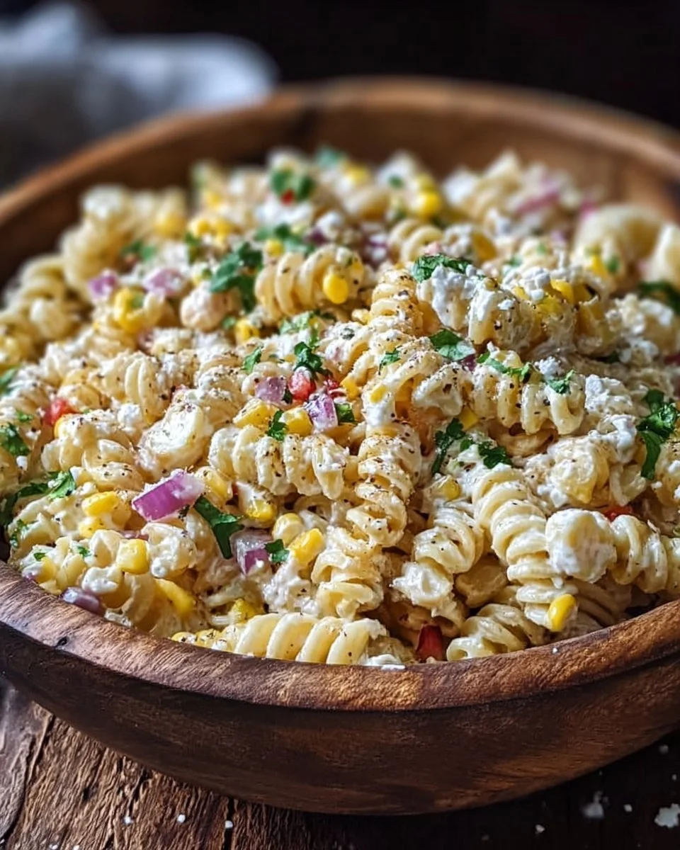 Colorful Mexican street corn pasta salad with fresh vegetables and creamy dressing