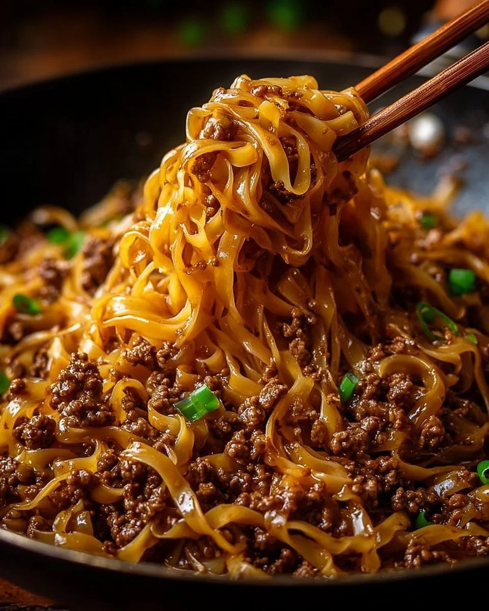 Mongolian ground beef noodles garnished with fresh vegetables and herbs