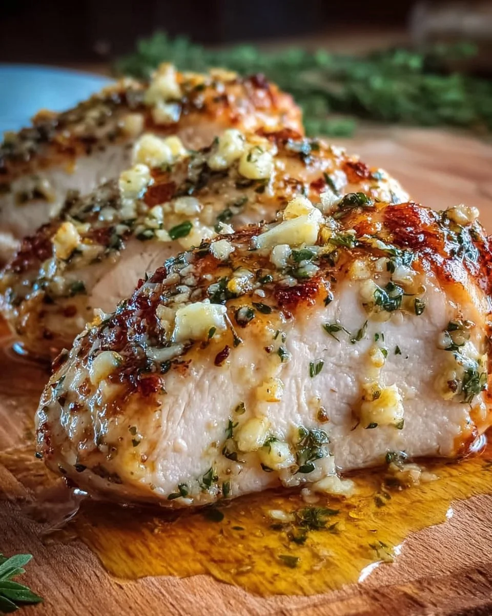 Juicy oven-baked chicken breast served with herbs and spices.