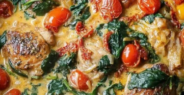 One Pan Tuscan Chicken Thighs dish served with vegetables and herbs