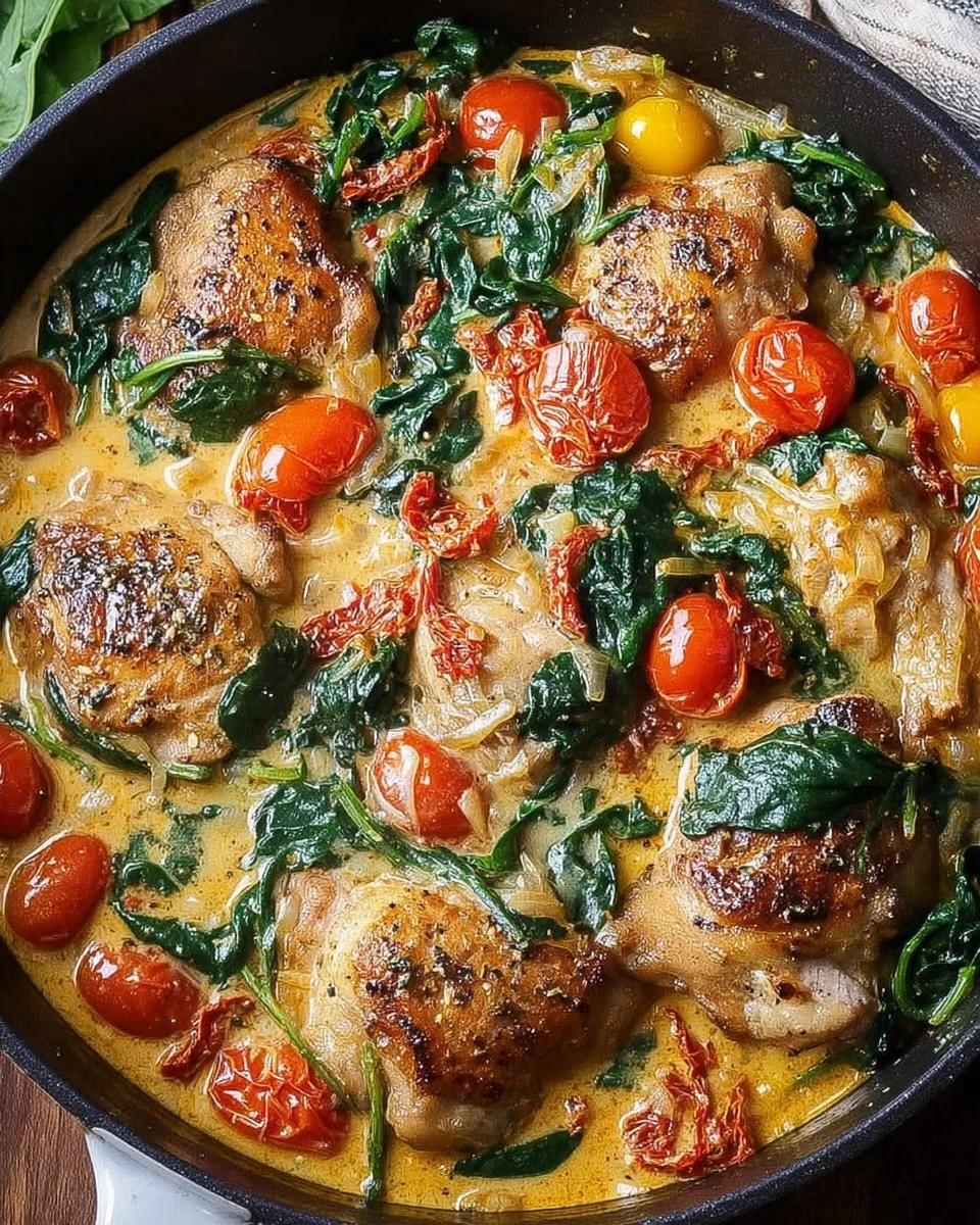 One Pan Tuscan Chicken Thighs dish served with vegetables and herbs
