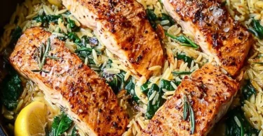 One Skillet Salmon served with Lemon Orzo on a plate