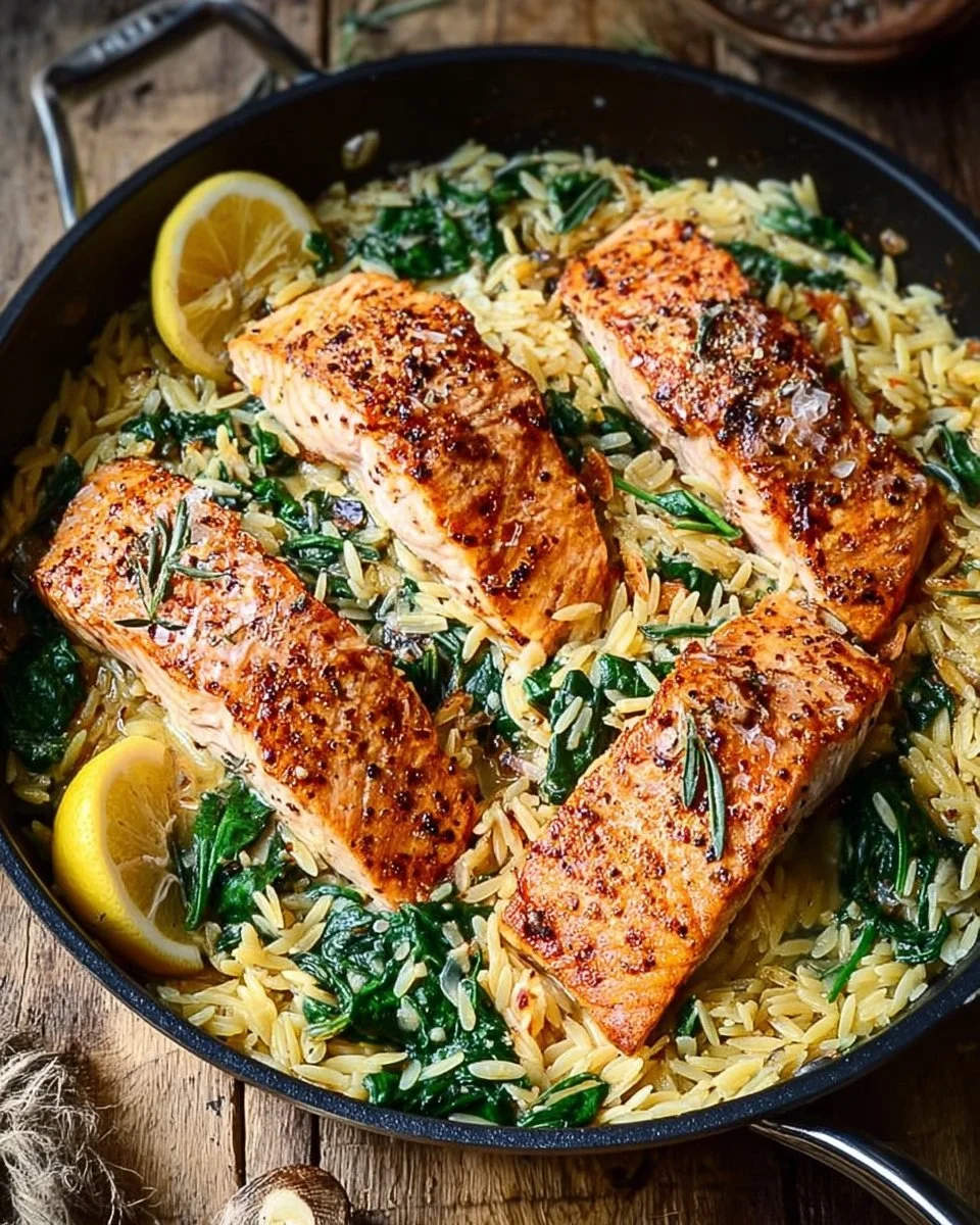 One Skillet Salmon served with Lemon Orzo on a plate