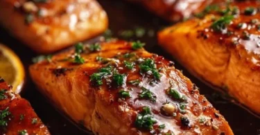 Plate of orange glazed salmon garnished with herbs and served with vegetables.