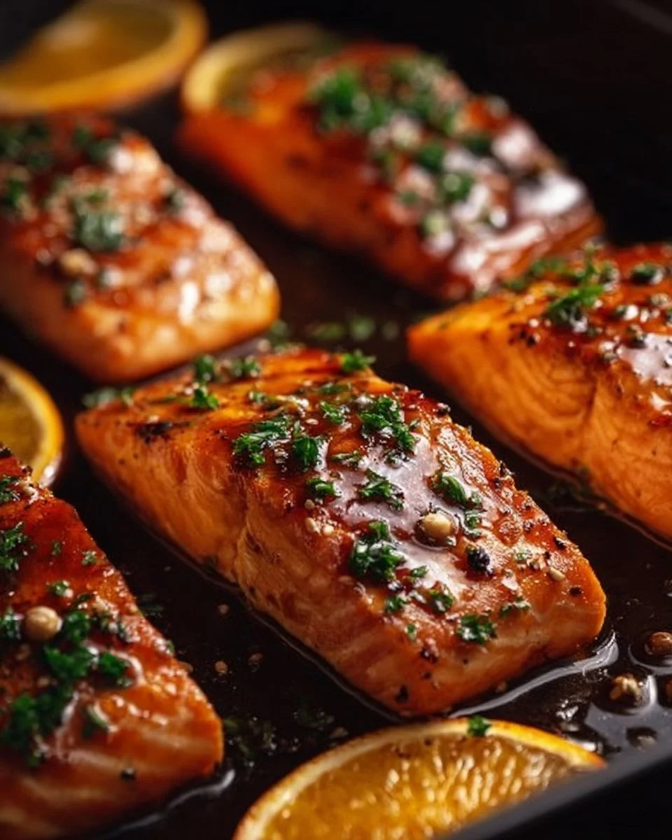 Plate of orange glazed salmon garnished with herbs and served with vegetables.