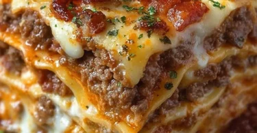 Delicious Parmesan Garlic Bacon Cheeseburger Lasagna layered with cheese and bacon