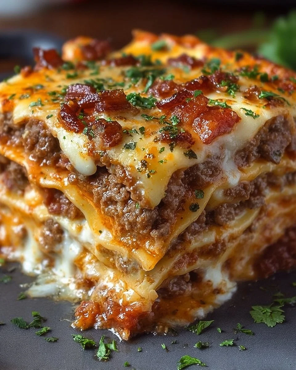 Delicious Parmesan Garlic Bacon Cheeseburger Lasagna layered with cheese and bacon