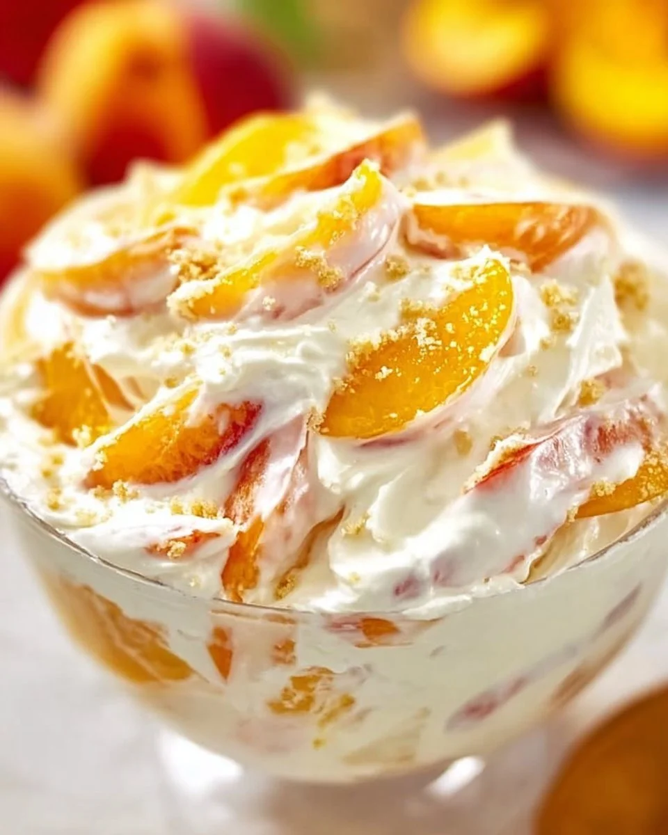 Delicious Peach Cheesecake Salad with fresh peaches and cream cheese topping.