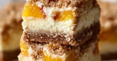 Peach Cobbler Cheesecake Bars topped with fresh peaches and a crumbly crust.