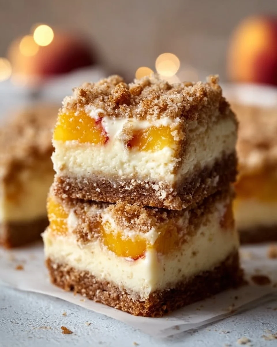 Peach Cobbler Cheesecake Bars topped with fresh peaches and a crumbly crust.