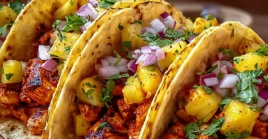 Delicious Pineapple Chicken Tacos garnished with fresh ingredients.