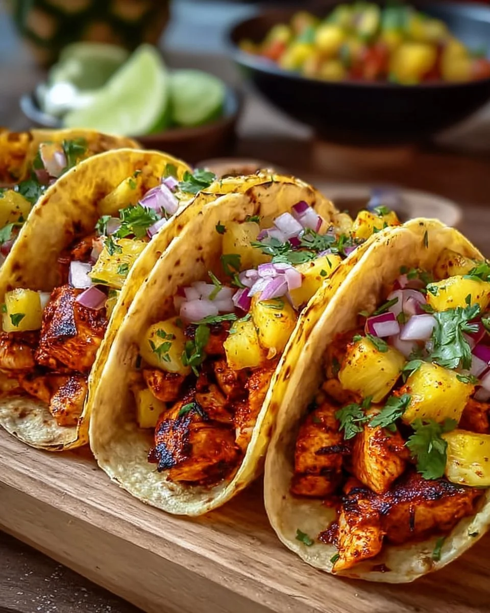 Delicious Pineapple Chicken Tacos garnished with fresh ingredients.