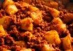 A hearty serving of potatoes cooked with spicy Mexican chorizo.