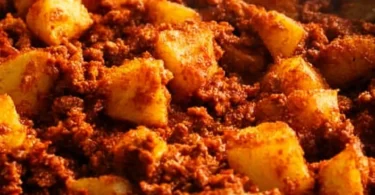 A hearty serving of potatoes cooked with spicy Mexican chorizo.