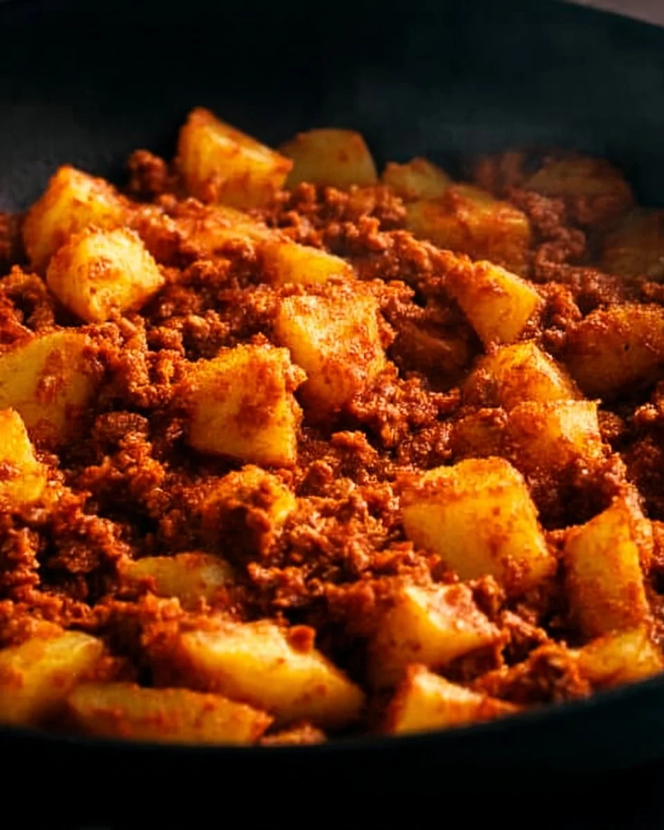 A hearty serving of potatoes cooked with spicy Mexican chorizo.