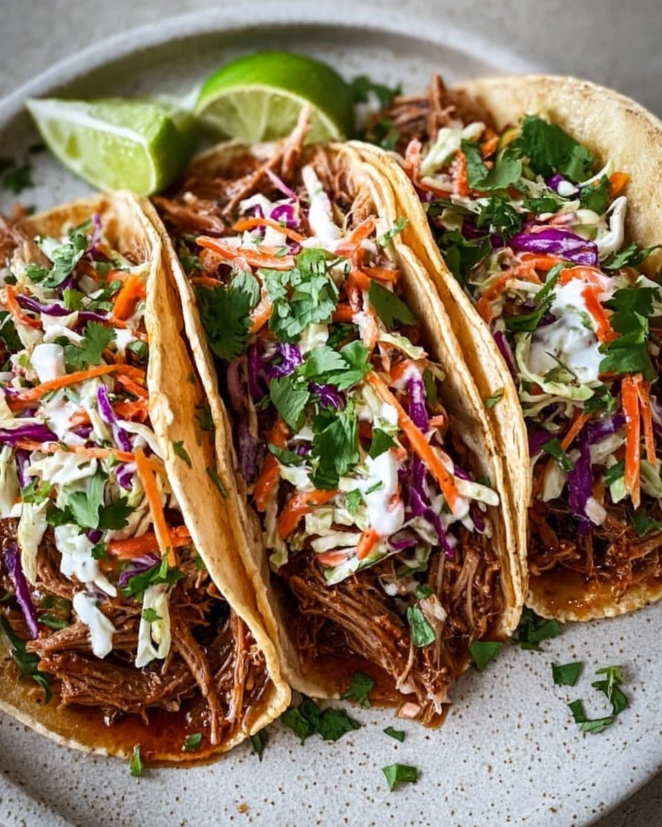 Delicious pulled pork tacos topped with tangy slaw served on a plate