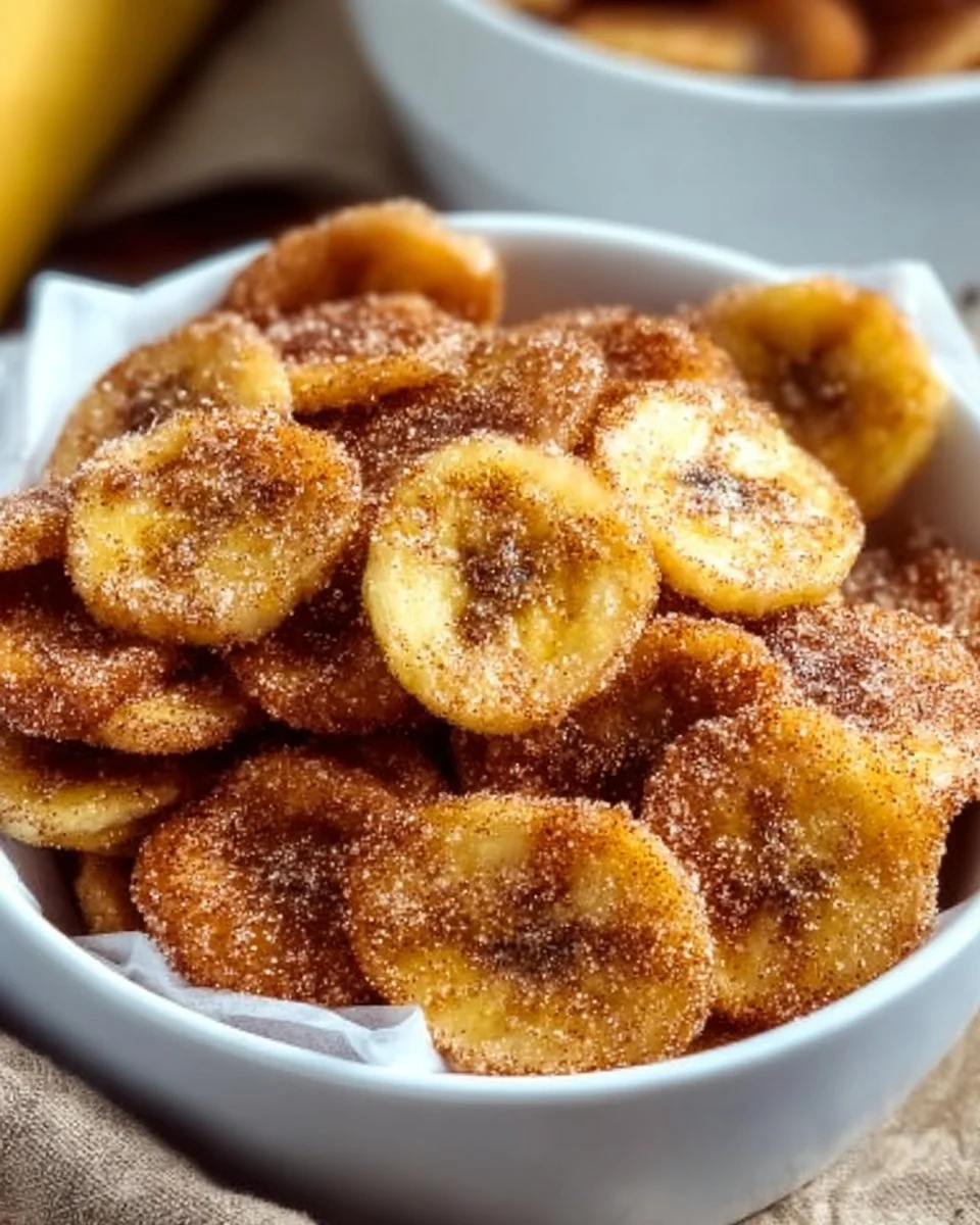 Cinnamon-sugar air fryer banana chips in a bowl, tasty and healthy snack.