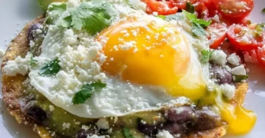 Breakfast tostadas with Rancher-Style Eggs and avocado green sauce