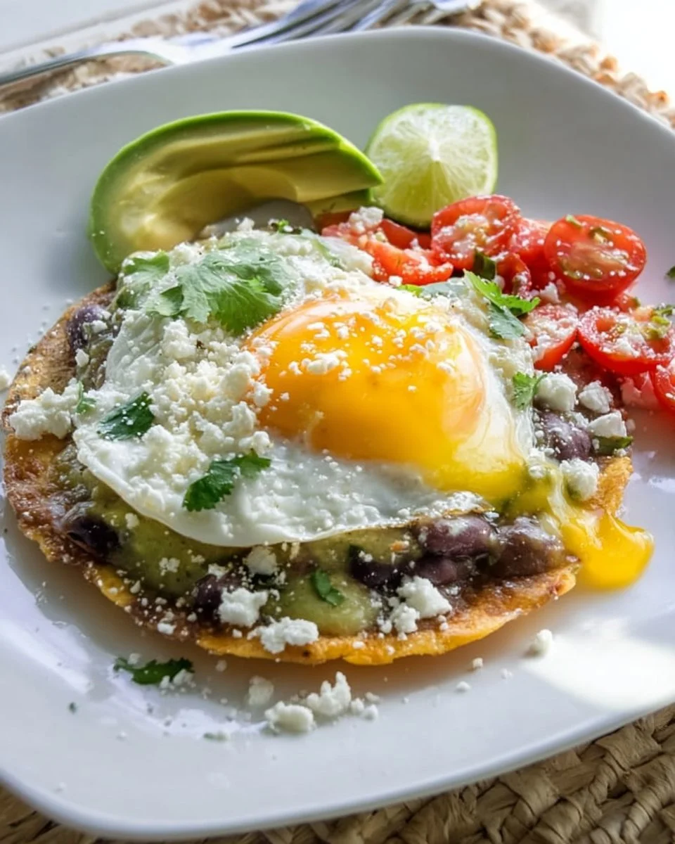 Breakfast tostadas with Rancher-Style Eggs and avocado green sauce