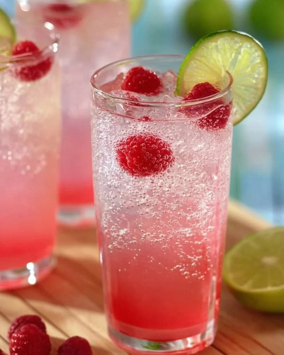 Delicious Raspberry Key Lime Soda in a glass with ice and lime slices