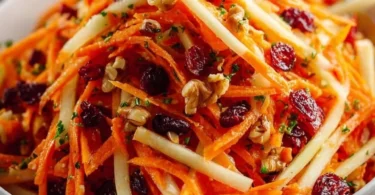 A colorful apple cranberry carrot salad served in a bowl with fresh ingredients.