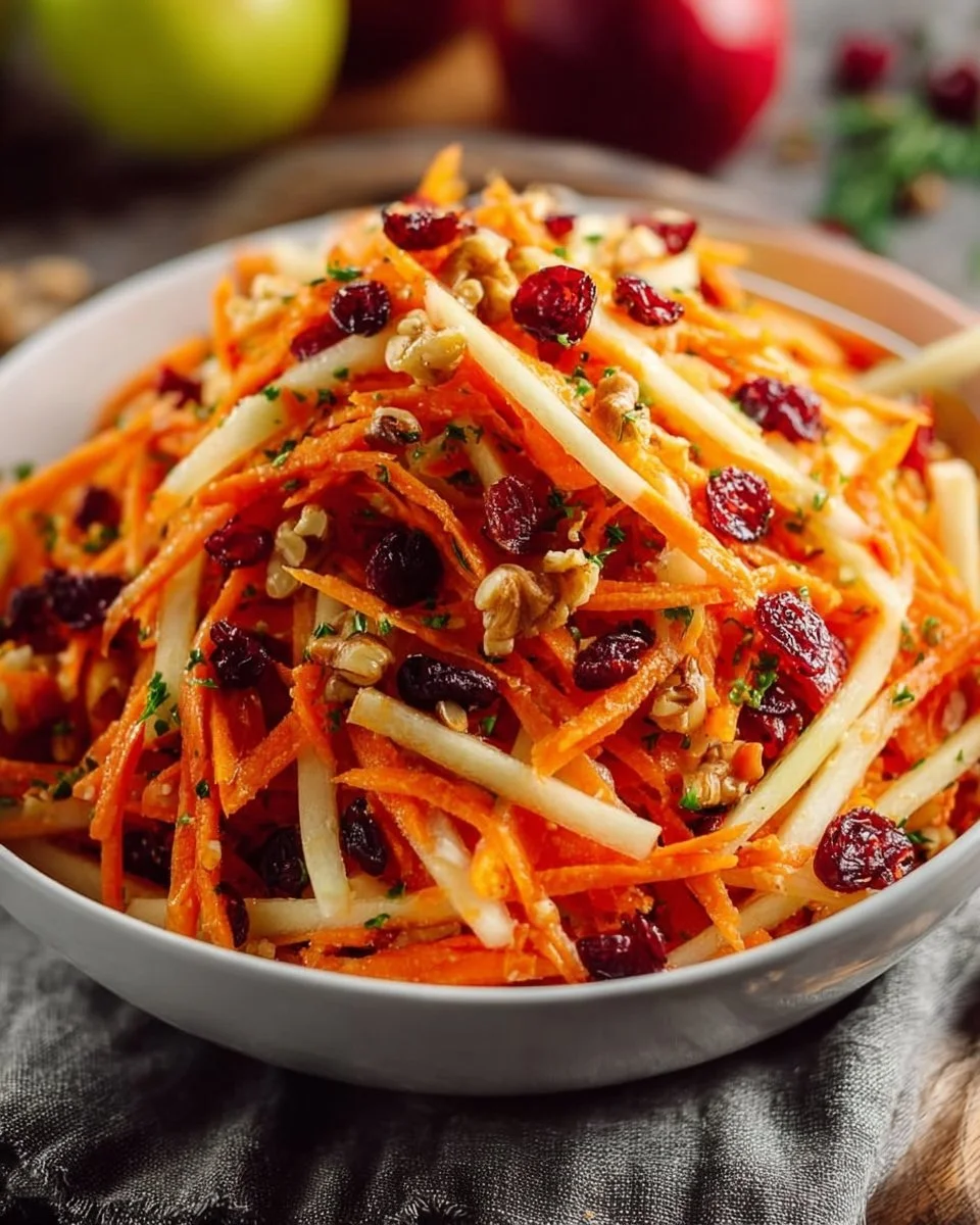 A colorful apple cranberry carrot salad served in a bowl with fresh ingredients.