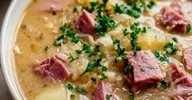 Bowl of Reuben Soup garnished with herbs and served with rye bread